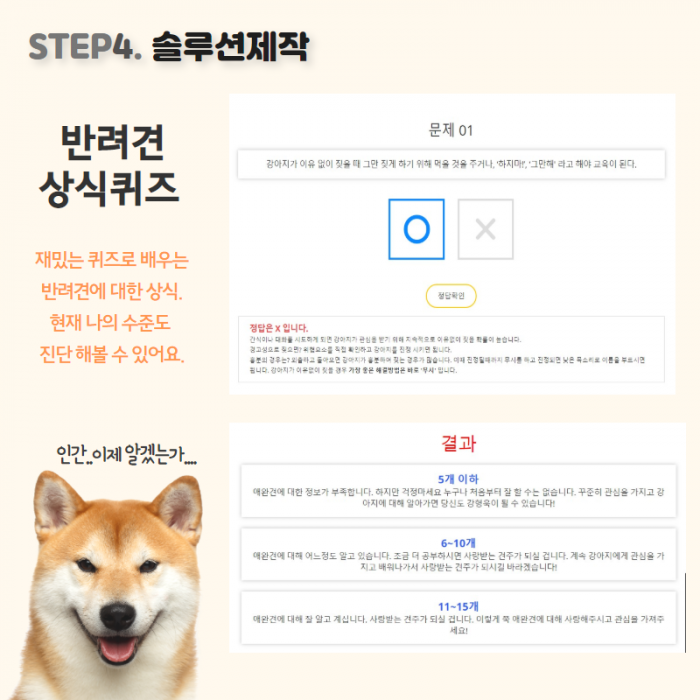 STEP4. 솔루션 제작 반려견 상식퀴즈 재밌는 퀴즈로 배우는 변려견에 대한 상식, 현재 나의 수준도 진단해 볼 수 있어요.